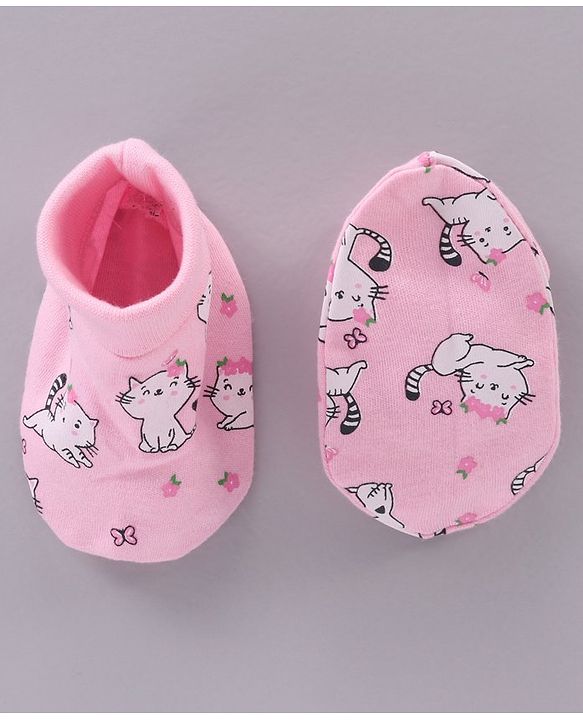 Babyhug 100% Cotton Cap Mittens & Booties Set Cat Print - Pink