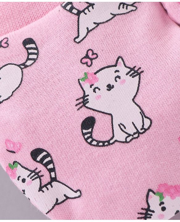 Babyhug 100% Cotton Cap Mittens & Booties Set Cat Print - Pink