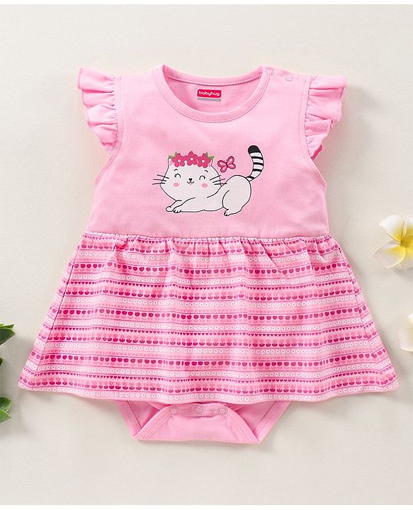 Babyhug 100% Cotton Flutter Cap Sleeve Frock Style Onesie Cat Print - Pink