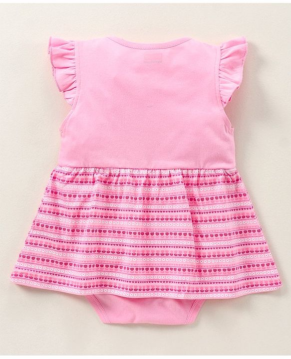 Babyhug 100% Cotton Flutter Cap Sleeve Frock Style Onesie Cat Print - Pink