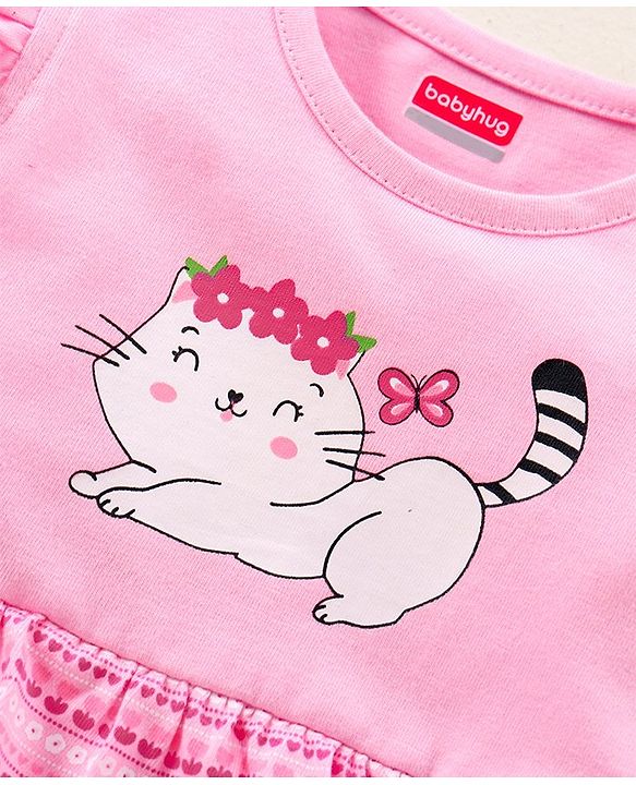 Babyhug 100% Cotton Flutter Cap Sleeve Frock Style Onesie Cat Print - Pink