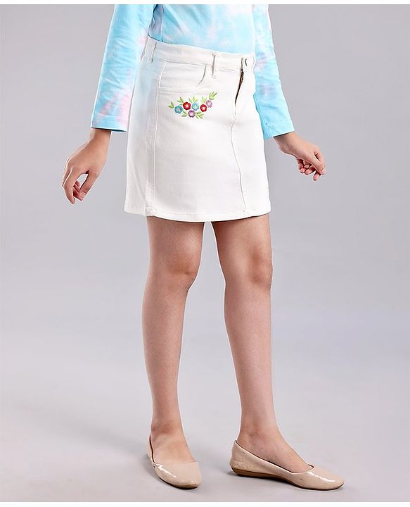 Pine Kids Above Knee Length Floral Embroidered Skirt - White