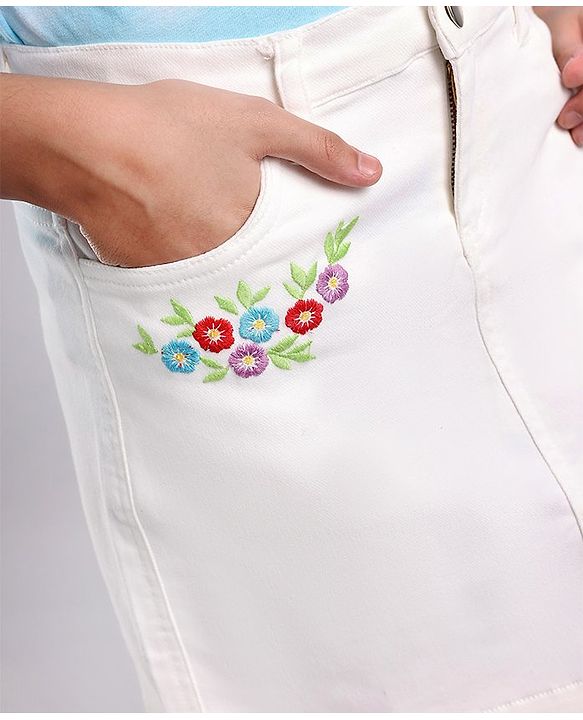 Pine Kids Above Knee Length Floral Embroidered Skirt - White