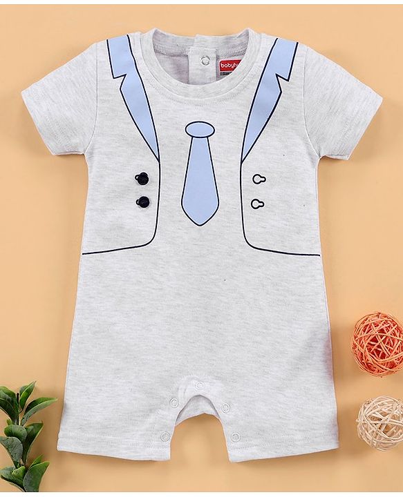 Babyhug Half Sleeves Cotton Romper Printed - Light Grey