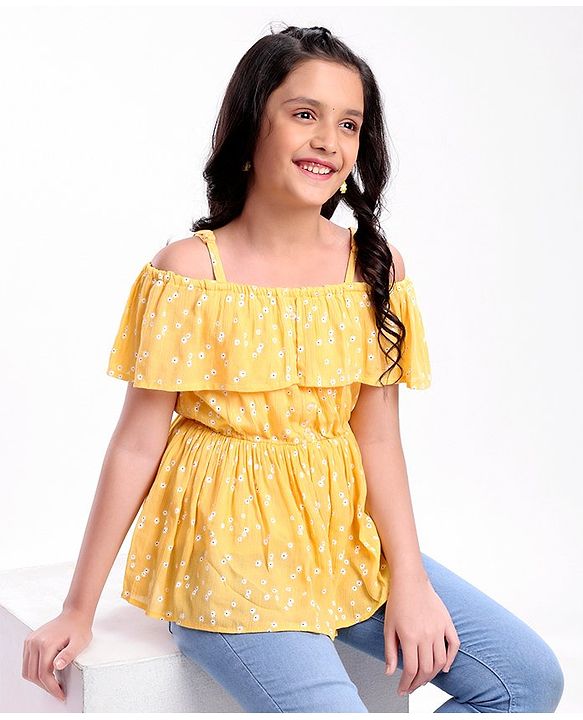 Pine Kids Rayon Sleeveless Crinkle All Over Printed Top - Yellow
