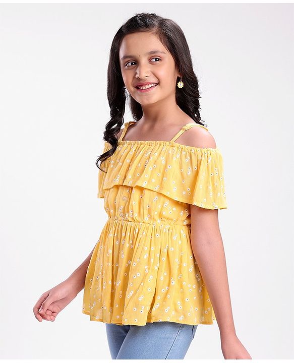 Pine Kids Rayon Sleeveless Crinkle All Over Printed Top - Yellow