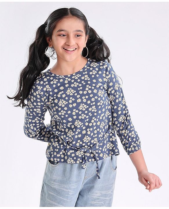 Pine Kids Full Sleeves Bio Washed Top Floral Print- Blue