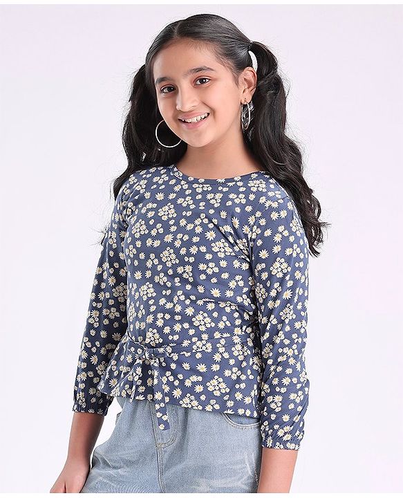 Pine Kids Full Sleeves Bio Washed Top Floral Print- Blue