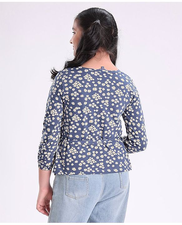 Pine Kids Full Sleeves Bio Washed Top Floral Print- Blue