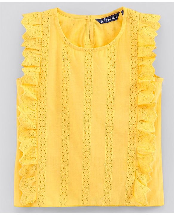 Pine Kids Flutter Sleeves Premium Cotton Schiffli Top - Yellow