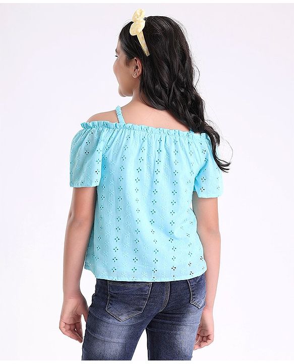 Pine Kids Off Shoulder Sleeves Schiffli Embroidered Top - Blue