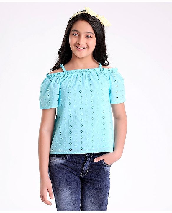 Pine Kids Off Shoulder Sleeves Schiffli Embroidered Top - Blue
