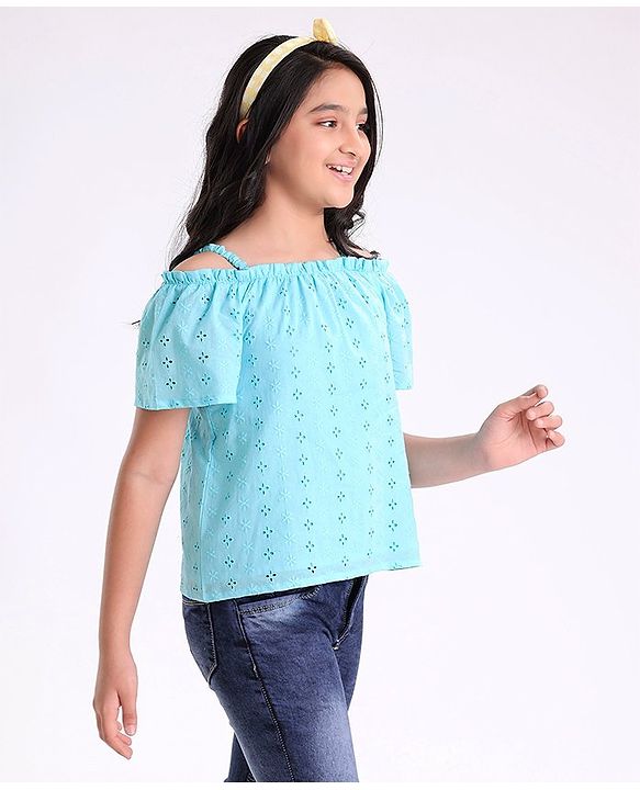 Pine Kids Off Shoulder Sleeves Schiffli Embroidered Top - Blue