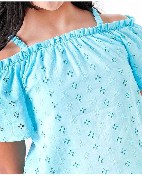 Pine Kids Off Shoulder Sleeves Schiffli Embroidered Top - Blue