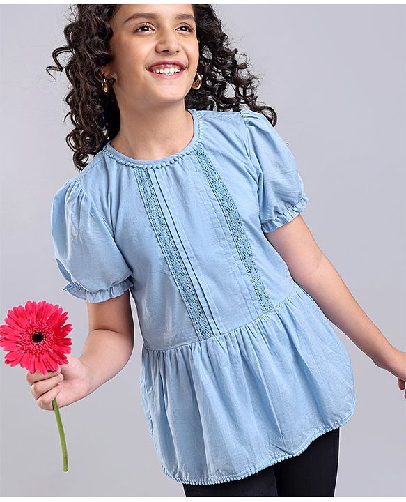 Pine Kids Cotton Woven Half Sleeves Solid Top - Blue