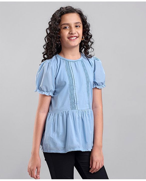 Pine Kids Cotton Woven Half Sleeves Solid Top - Blue