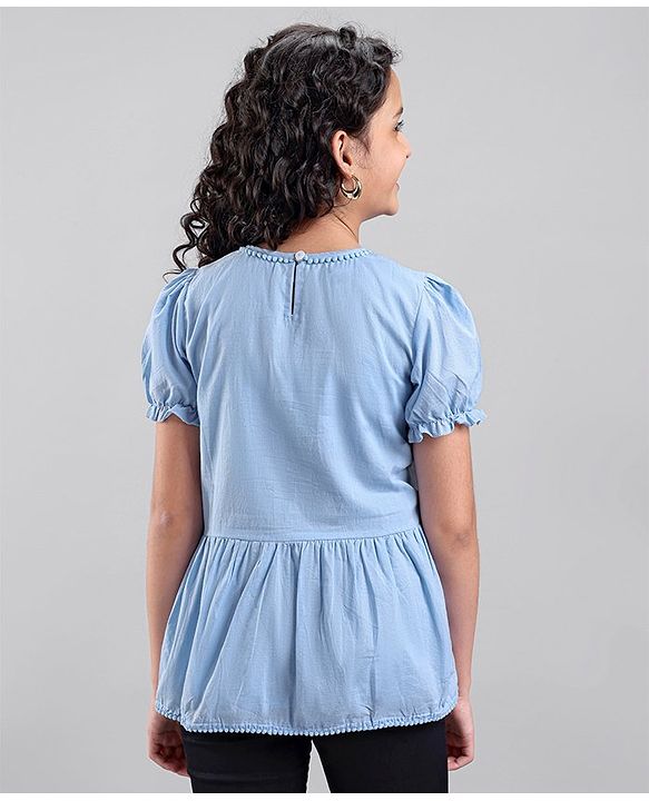 Pine Kids Cotton Woven Half Sleeves Solid Top - Blue