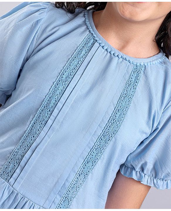 Pine Kids Cotton Woven Half Sleeves Solid Top - Blue