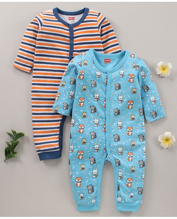 Babyhug 100% Cotton Full Sleeves Fox Print & Striped Rompers Pack Of 2 - Multicolour