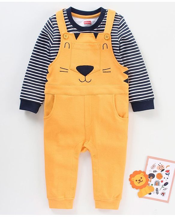 Babyhug Half Sleeves Dungaree Style Romper With Inner Tee Stripe Print - Yellow