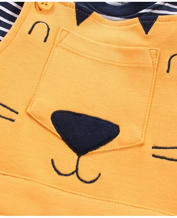 Babyhug Half Sleeves Dungaree Style Romper With Inner Tee Stripe Print - Yellow