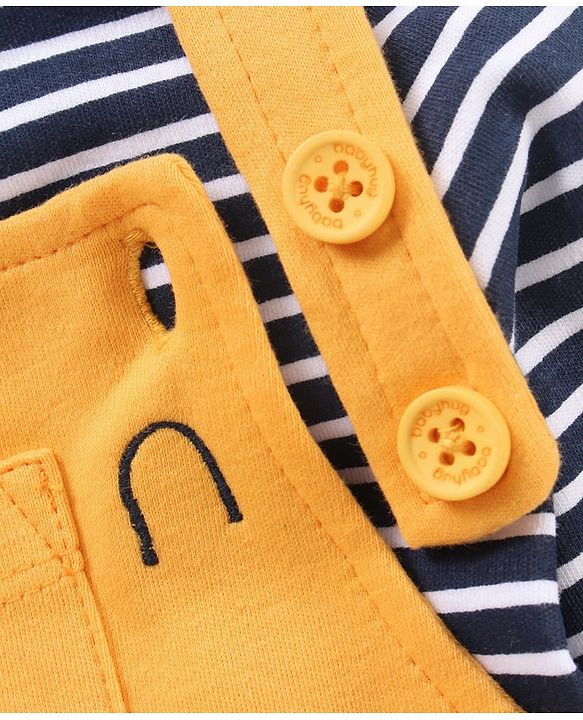 Babyhug Half Sleeves Dungaree Style Romper With Inner Tee Stripe Print - Yellow