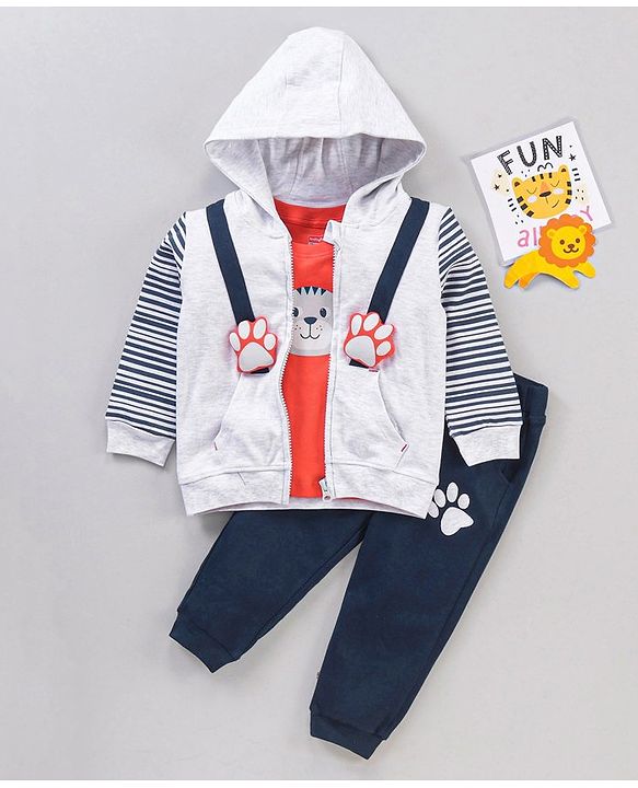 Babyhug Half Sleeves T-Shirt & Hooded Jacket With Joggers Tiger Print - White Orange Blue