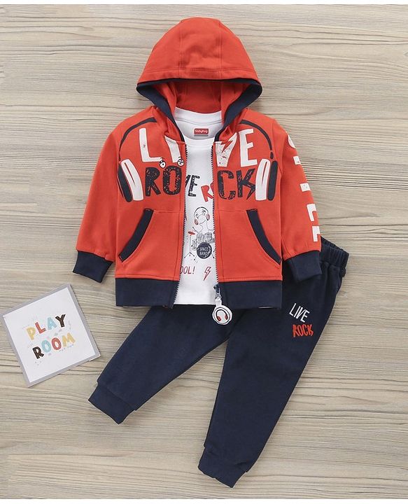 Babyhug Half Sleeves T-Shirt & Hooded Jacket With Joggers Text Print - Orange Navy Blue