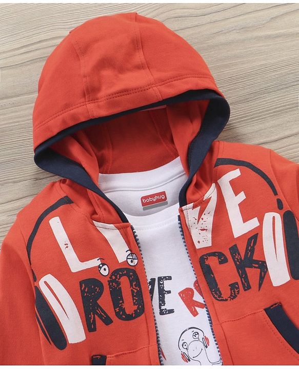 Babyhug Half Sleeves T-Shirt & Hooded Jacket With Joggers Text Print - Orange Navy Blue