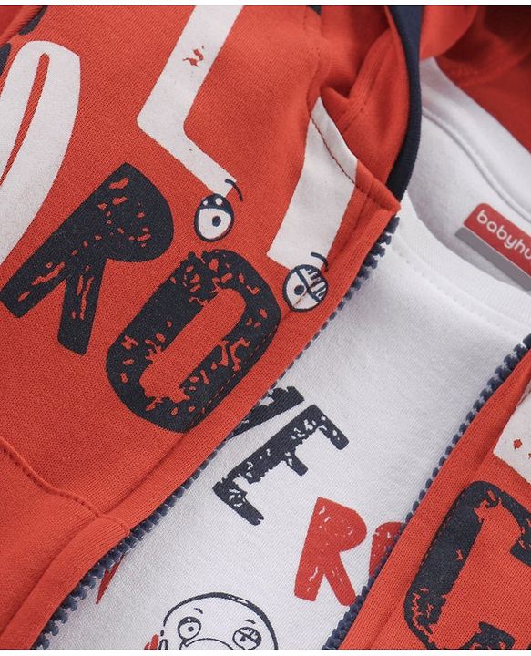 Babyhug Half Sleeves T-Shirt & Hooded Jacket With Joggers Text Print - Orange Navy Blue