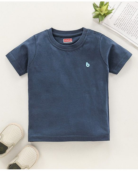 Babyhug Half Sleeves Cotton Solid T-Shirt with Logo - Navy