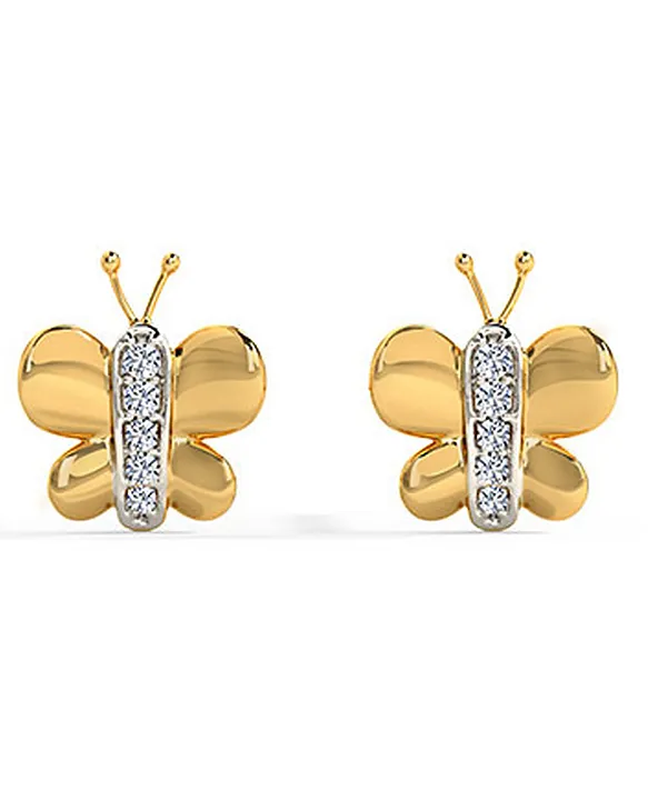 14k Gold Butterfly Stud Earrings With Crystal Zircon - Wedding Jewelry