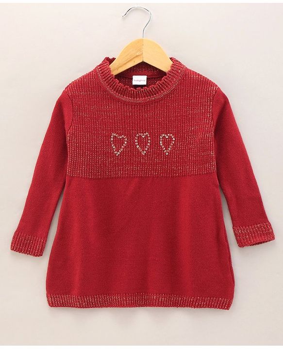 Babyhug Full Sleeves Solid Woollen Dress Sequin Design - Red
