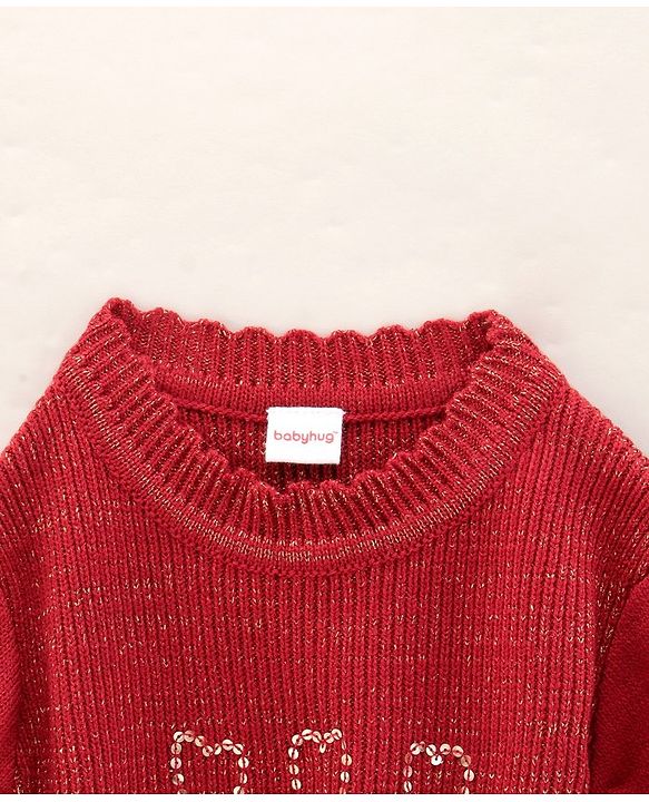 Babyhug Full Sleeves Solid Woollen Dress Sequin Design - Red