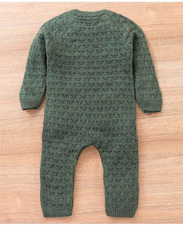 Babyhug Full Sleeves Knitted Romper Solid Textured - Olive Green