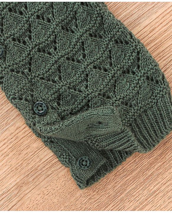 Babyhug Full Sleeves Knitted Romper Solid Textured - Olive Green