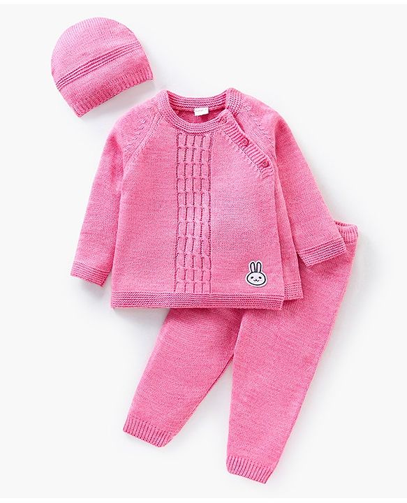 Babyhug Full Sleeves Baby Sweater Set With Cap Bunny Patch- Pink