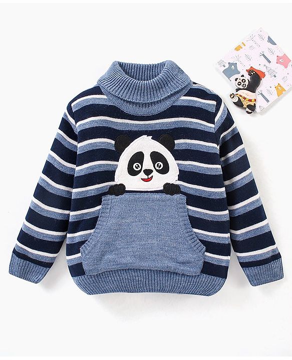Babyhug Full Sleeves Sweater Stripes Design & Panda Patch- Navy Blue