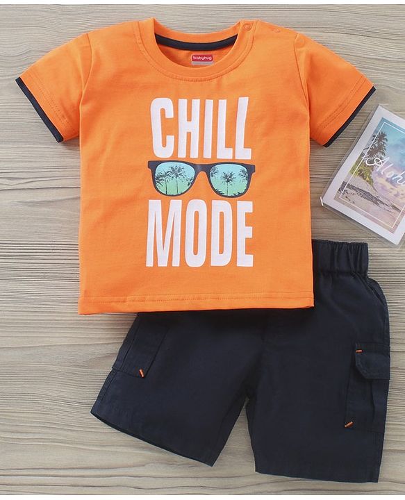 Babyhug Half Sleeves Tee and Shorts Set Text Print - Orange Navy