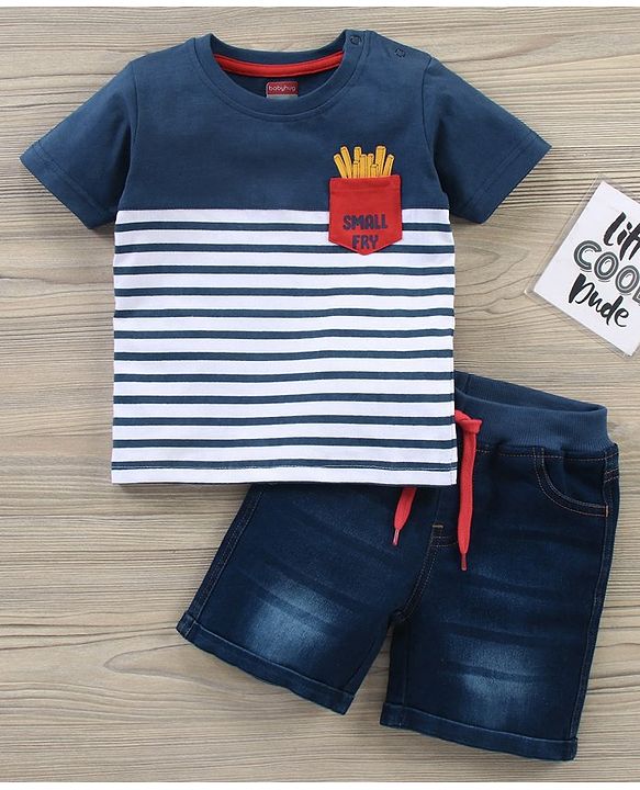 Babyhug Cotton Knit Half Sleeves T-Shirt & Denim Shorts Stripes - Blue White