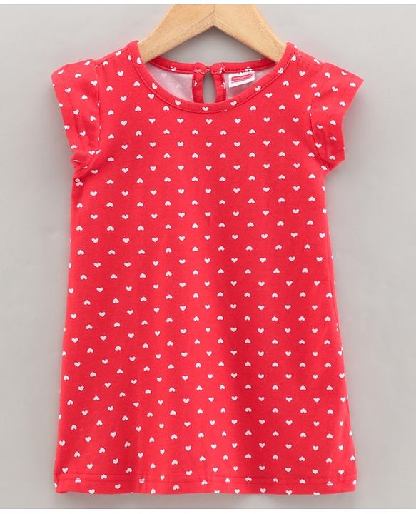 Babyhug Cotton Knit Short Sleeves Heart Print Baby Gown - Red