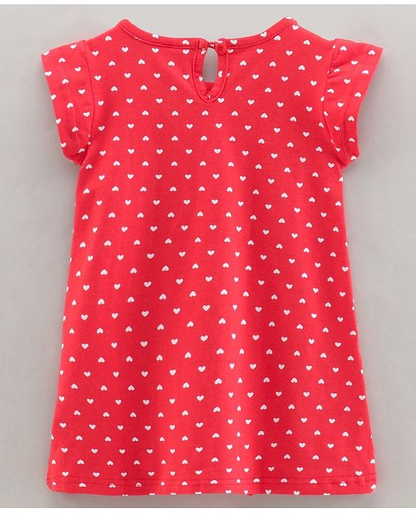 Babyhug Cotton Knit Short Sleeves Heart Print Baby Gown - Red