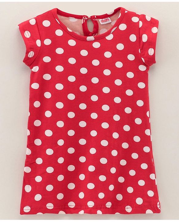 Babyhug Cotton Knit Short Sleeves Polka Dots Print Baby Gown - Red