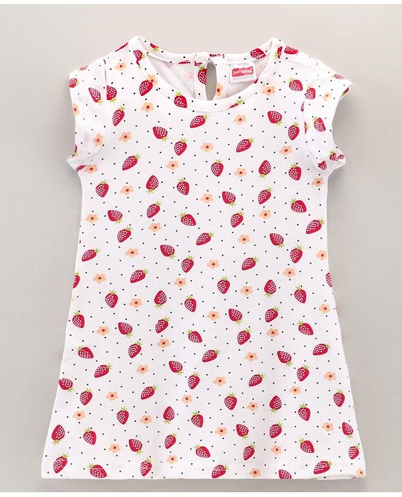 Babyhug Cotton Knit Short Sleeves Strawberry Print Baby Gown - White