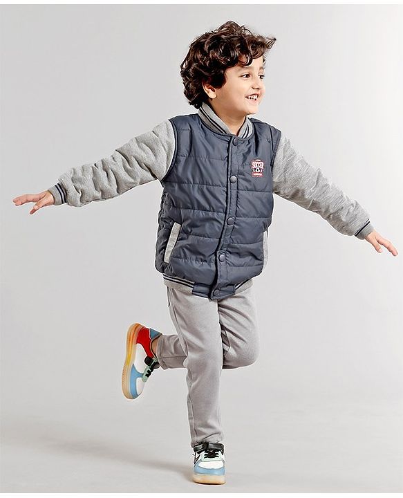 Babyhug Full Sleeves Solid Color Quilted Bomber Jacket - Navy Blue