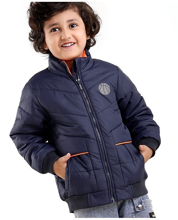 Babyhug Full Sleeves Quilted Bomber Jacket Solid Colour - Navy Blue
