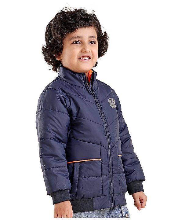 Babyhug Full Sleeves Quilted Bomber Jacket Solid Colour - Navy Blue