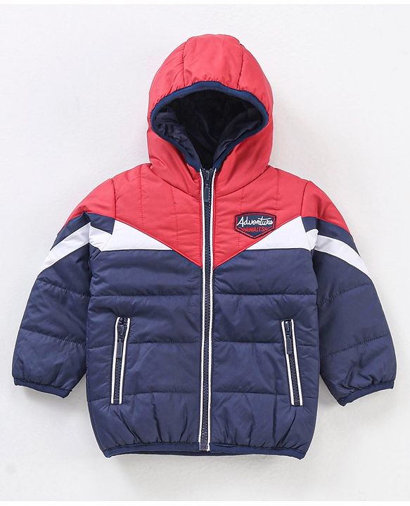 Babyhug Full Sleeves Hooded Padded Jacket Colour Block Pattern - Navy Red
