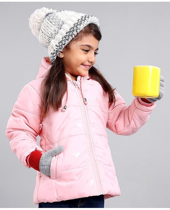 Babyhug Full Sleeves Hooded Winter Jacket Heart Print - Pink