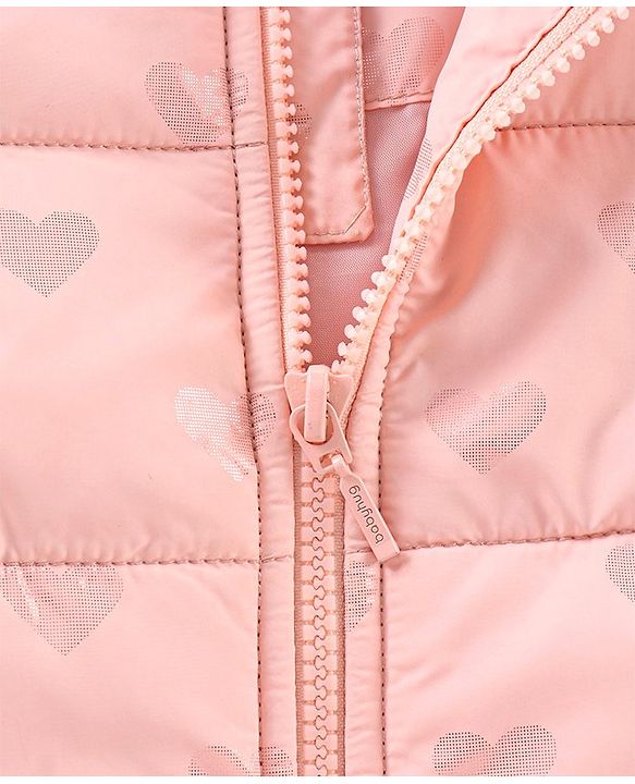 Babyhug Full Sleeves Hooded Winter Jacket Heart Print - Pink